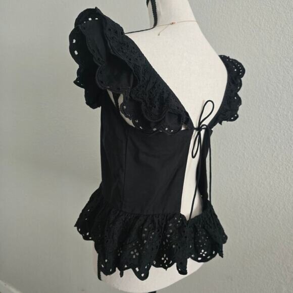 Express Black Cotton Eyelet Lace Ruffle Peplum Top L Open Back Romantic Evening - Picture 3 of 10